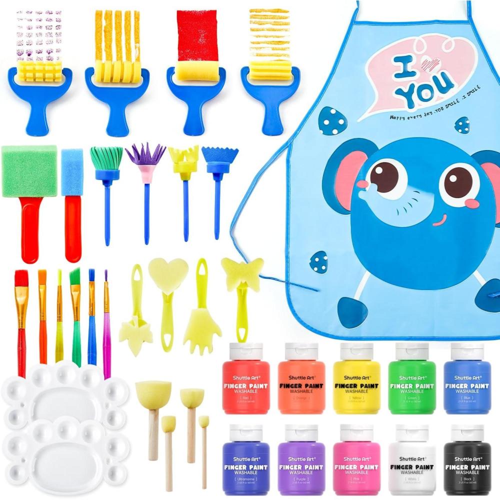 imageShuttle Art Washable Finger Paints Set Kids Paint Set  37 Pack with 10 Colors 60ml Paint Brushes Sponge Palette Smock NonToxic for ToddlersAssorted