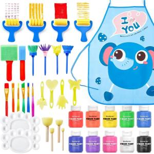 Shuttle Art Washable Finger Paints Set, Kids Paint Set – 37 Pack with 10 Colors (60ml), Paint Brushes, Sponge, Palette, Smock, Non-Toxic for Toddlers(Assorted)