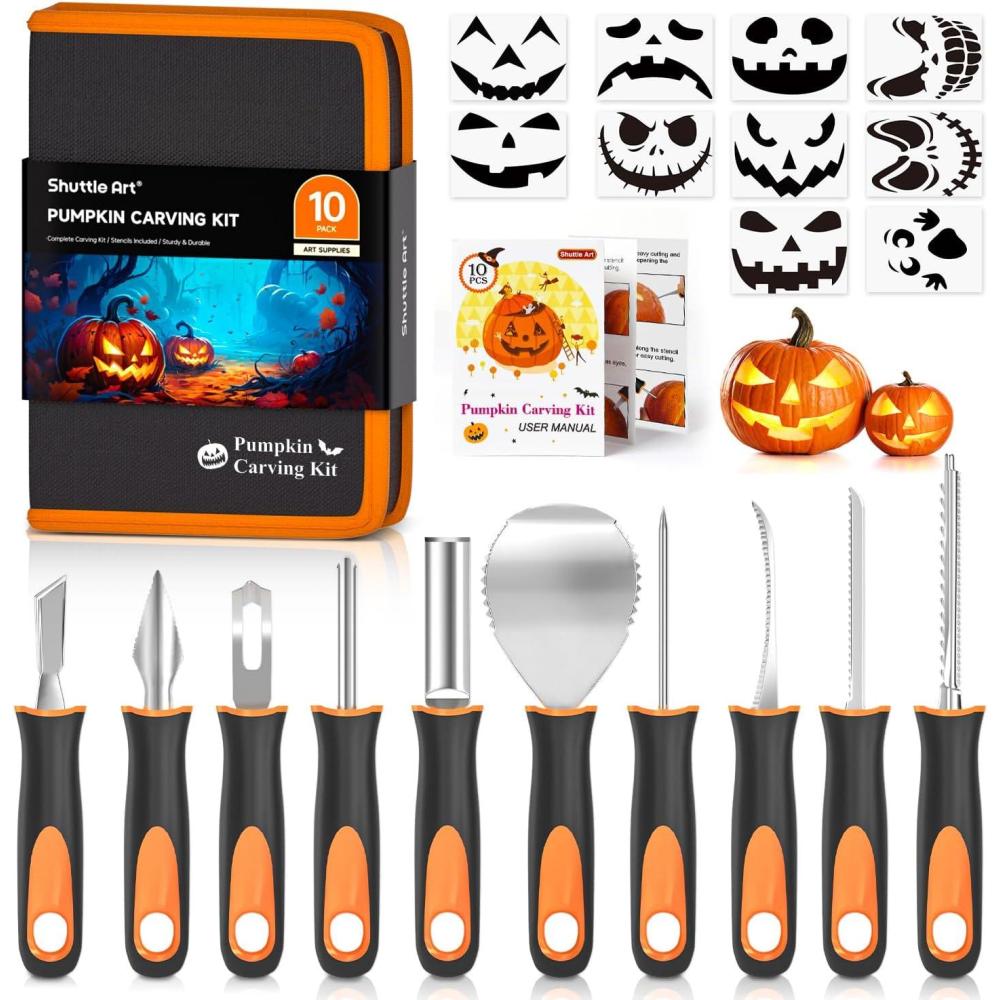 imageShuttle Art 20 PCS Halloween Pumpkin Carving Kit 10 PCS Professional Heavy Duty Stainless Steel Pumpkin Carving Tools with 10 Pumpkin Stencils and Carrying Case Safe and Durable for Kids Adults