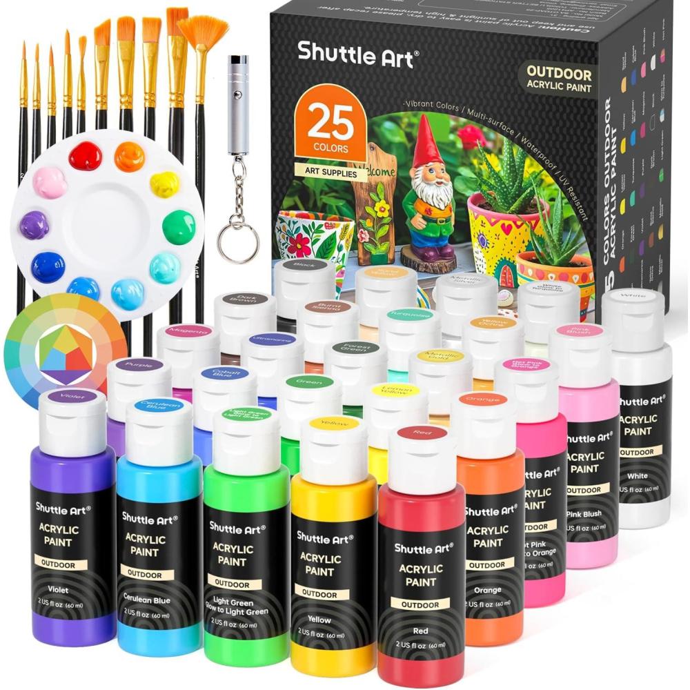 imageShuttle Art 25 Colors Outdoor Acrylic Paint Set 2oz60ml Waterproof Acrylic Paint with 10 Brushes 1 Palette Rich Pigmented Paints for Artists Beginners on Rocks Wood Crafts Garden Statues