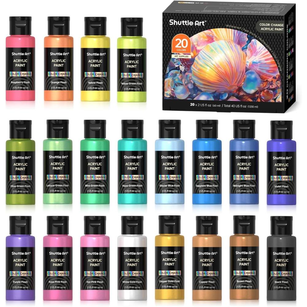 imageShuttle Art Acrylic Paint Set 36 Colors Acrylic Paint with Brushes ampamp Palette 2oz60ml Bottles Rich Pigments Nontoxic for Artists Kids ampamp Adults Painting on Canvas Rock Ceramic WoodChameleon
