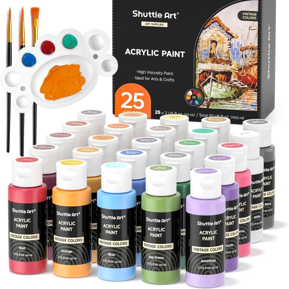 imageShuttle Art Acrylic Paint Set 36 Colors Acrylic Paint with Brushes ampamp Palette 2oz60ml Bottles Rich Pigments Nontoxic for Artists Kids ampamp Adults Painting on Canvas Rock Ceramic Wood25 Vintage Colours