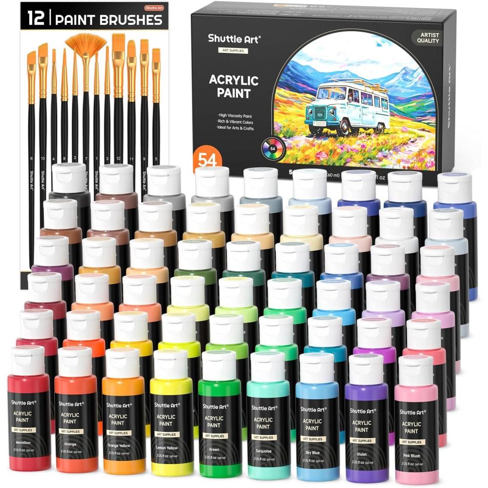 imageShuttle Art Acrylic Paint Set 36 Colors Acrylic Paint with Brushes ampamp Palette 2oz60ml Bottles Rich Pigments Nontoxic for Artists Kids ampamp Adults Painting on Canvas Rock Ceramic Wood54 Colors