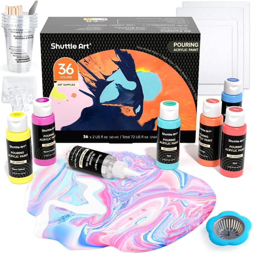 imageShuttle Art Acrylic Pouring Paint Set of 36 Bottles 2 oz60ml PreMixed HighFlow Pouring Supplies with Canvas Silicone Oil Measuring Cups Tablecloths Complete Paint Pouring Kit36 Colors