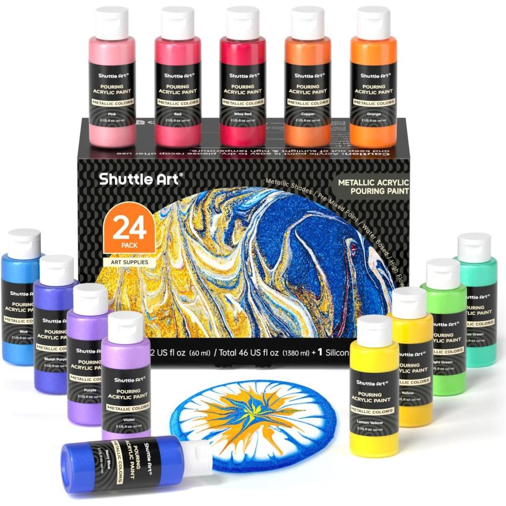 imageShuttle Art Acrylic Pouring Paint Set of 36 Bottles 2 oz60ml PreMixed HighFlow Pouring Supplies with Canvas Silicone Oil Measuring Cups Tablecloths Complete Paint Pouring Kit23 Metallic Colors