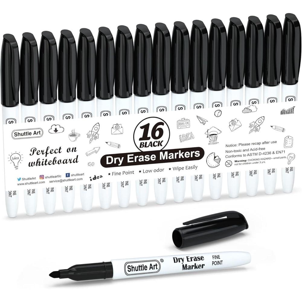 imageShuttle Art Dry Erase Markers 15 Colors Magnetic Whiteboard Markers Fine Point Perfect For Writing on Whiteboards DryErase BoardsMirrors for School Office Home16 Pack BlackFine Tip
