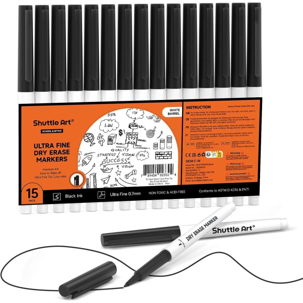 imageShuttle Art Dry Erase Markers 15 Colors Magnetic Whiteboard Markers Fine Point Perfect For Writing on Whiteboards DryErase BoardsMirrors for School Office Home15 Ultra Fine Black