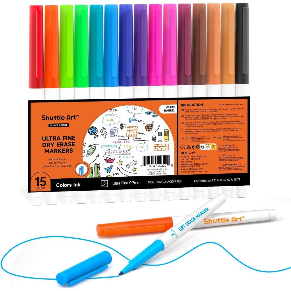 imageShuttle Art Dry Erase Markers 15 Colors Magnetic Whiteboard Markers Fine Point Perfect For Writing on Whiteboards DryErase BoardsMirrors for School Office Home15 Colors Ultra Fine