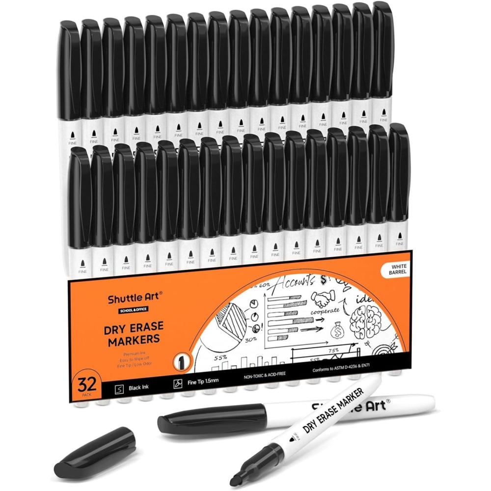 imageShuttle Art Dry Erase Markers 15 Colors Magnetic Whiteboard Markers Fine Point Perfect For Writing on Whiteboards DryErase BoardsMirrors for School Office Home32 Pack Black