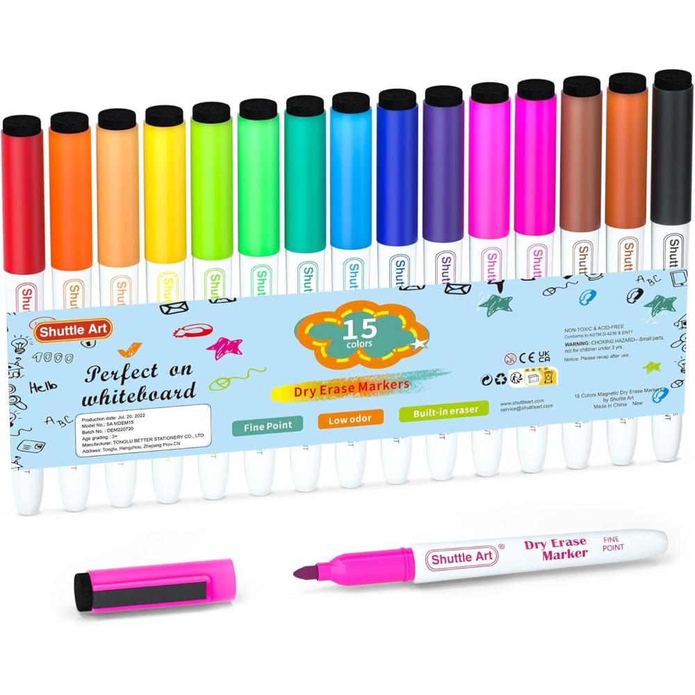 imageShuttle Art Dry Erase Markers 15 Colors Magnetic Whiteboard Markers with EraseFine Point Perfect For Writing on Whiteboards DryErase BoardsMirrors for School Office Home15 Colors Dry Erase Markers