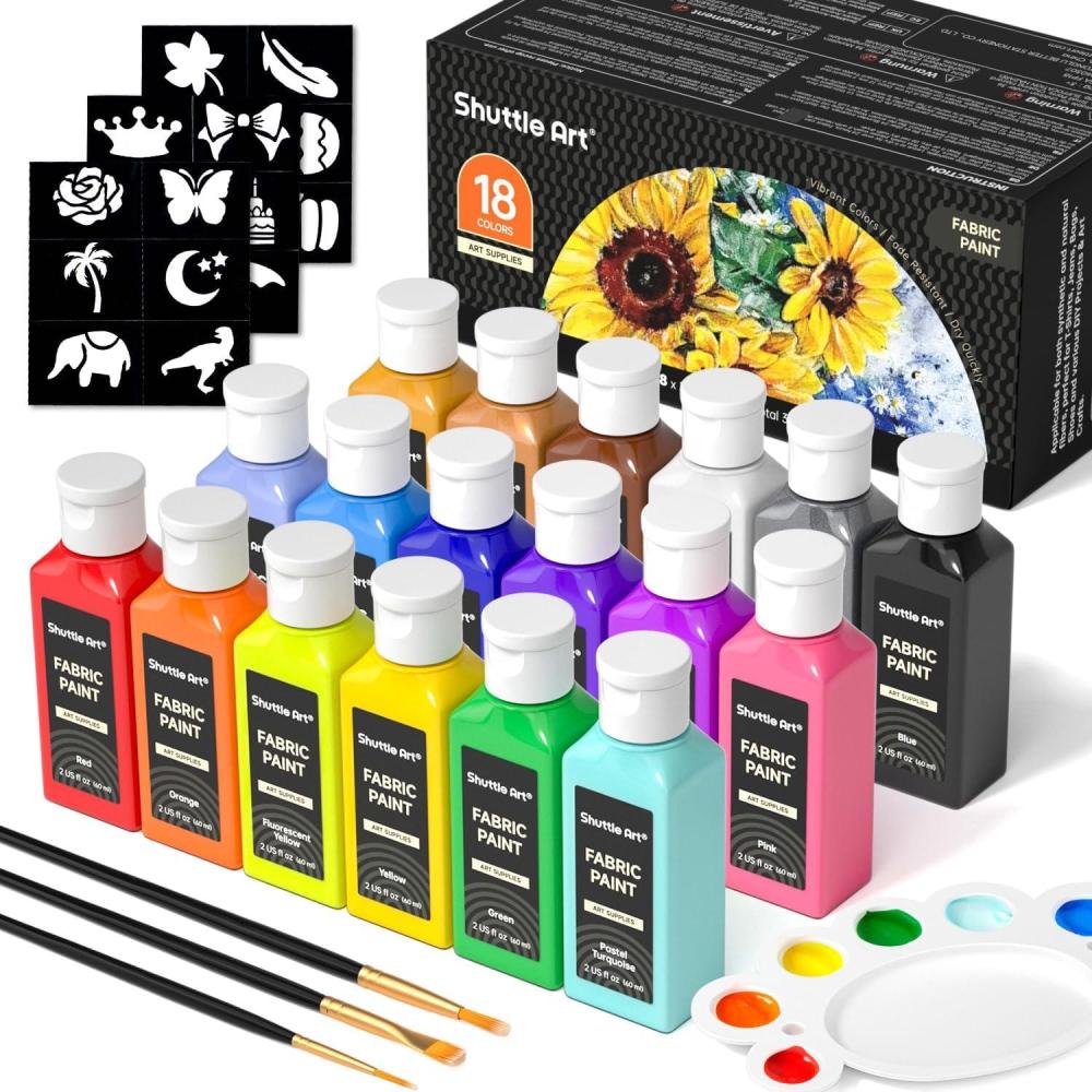 imageShuttle Art Fabric Paint 18 Colors Permanent Soft Fabric Paint in Bottles 60ml2oz with Brushes Palette Stencils NonToxic Textile Paint for TShirts Shoes Jeans Bags DIY ProjectsampampArtRegular