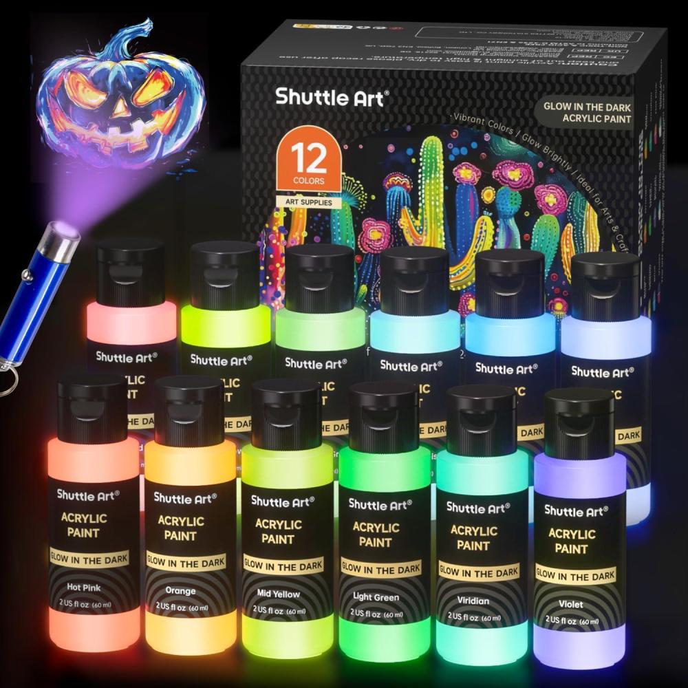imageShuttle Art Glow in the Dark Paint 12 Colors with UV Light 2oz60ml Bottles Ideal for Art Painting and Crafts Great for Artists Beginners on Rocks Wood Canvas Fabric and Halloween Decorations