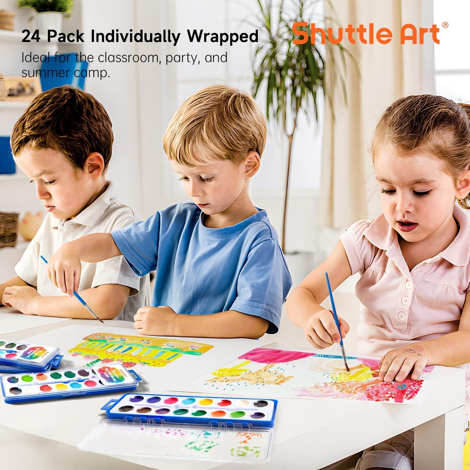 imageShuttle Art 16 Colors Watercolor Paint Set Bulk Pack of 24 Watercolor Paint Set with Paint Brushes for Kids and Adults Washable Paint for Classroom Parties Kindergarten and Art Activities
