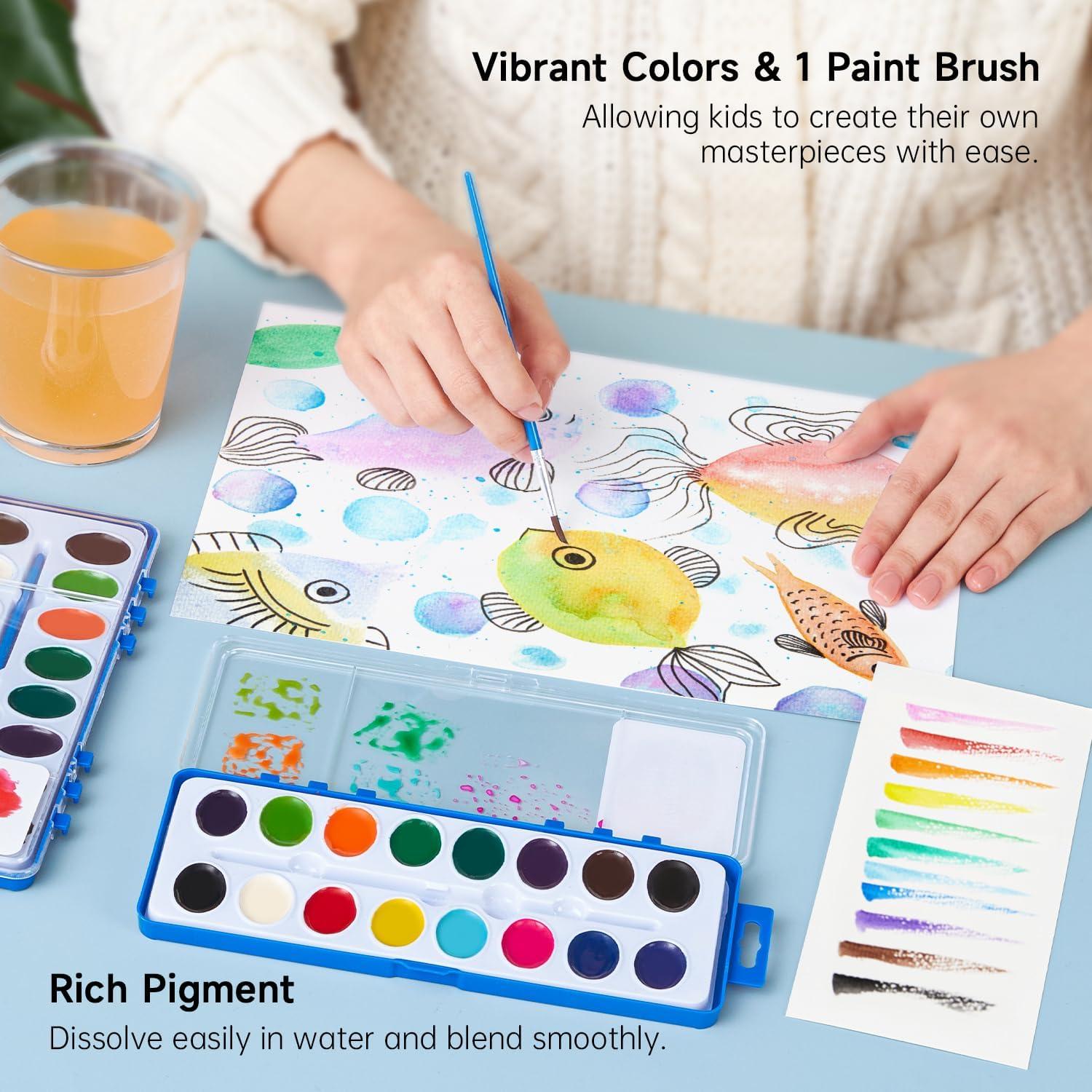 imageShuttle Art 16 Colors Watercolor Paint Set Bulk Pack of 24 Watercolor Paint Set with Paint Brushes for Kids and Adults Washable Paint for Classroom Parties Kindergarten and Art Activities