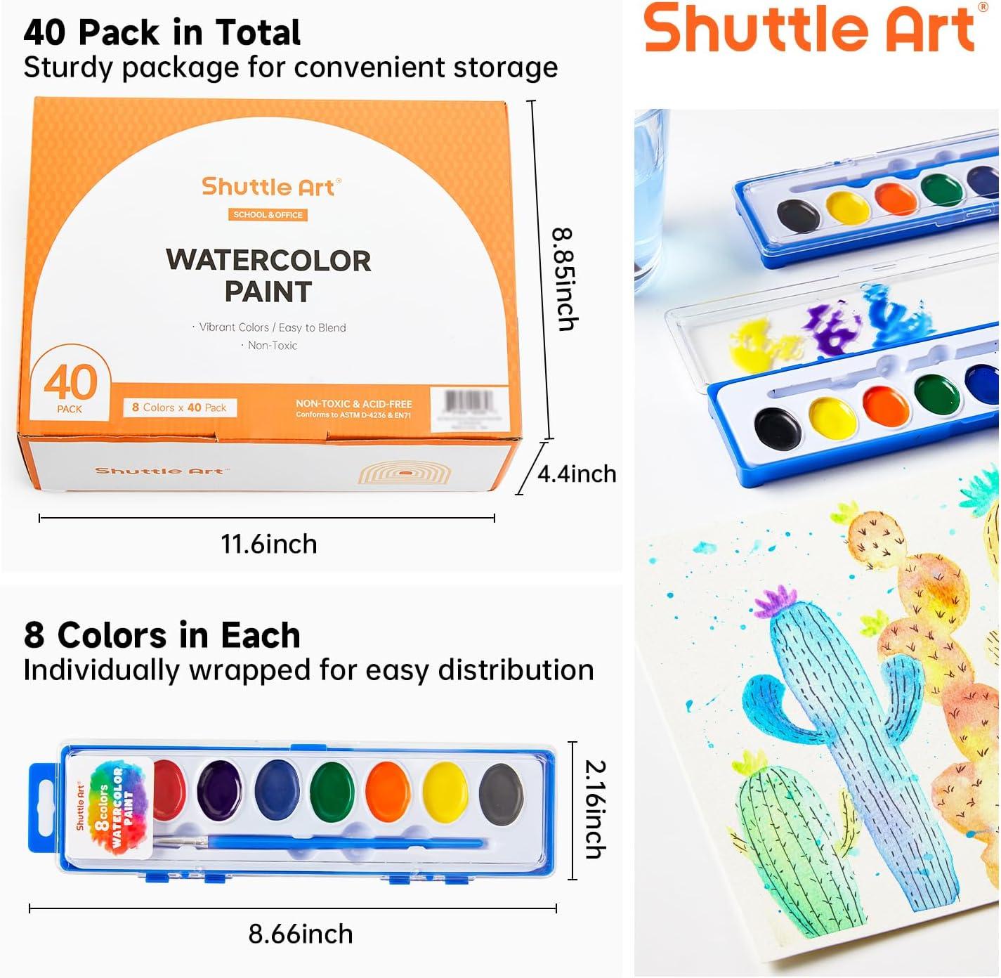 imageShuttle Art 40 Pack Watercolor Paint Set 8 Colors Watercolor Paint with Paint Brushes for Kids and Adults Washable Paint for Classroom Parties Kindergarten and Art Activities