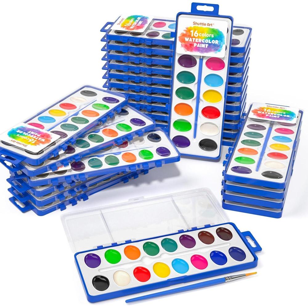 imageShuttle Art 16 Colors Watercolor Paint Set Bulk Pack of 24 Watercolor Paint Set with Paint Brushes for Kids and Adults Washable Paint for Classroom Parties Kindergarten and Art Activities