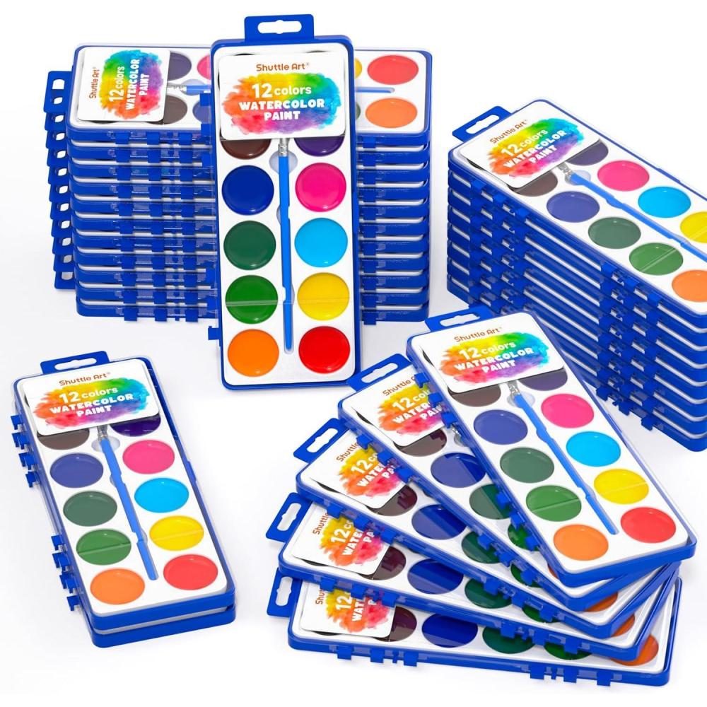 imageShuttle Art 30 pack Watercolor Paint Set Bulk 12 Colors Watercolor Paint Set bulk with Paint Brushes for Kids and Adults Washable Paint for Classroom Parties Kindergarten and Art Activities