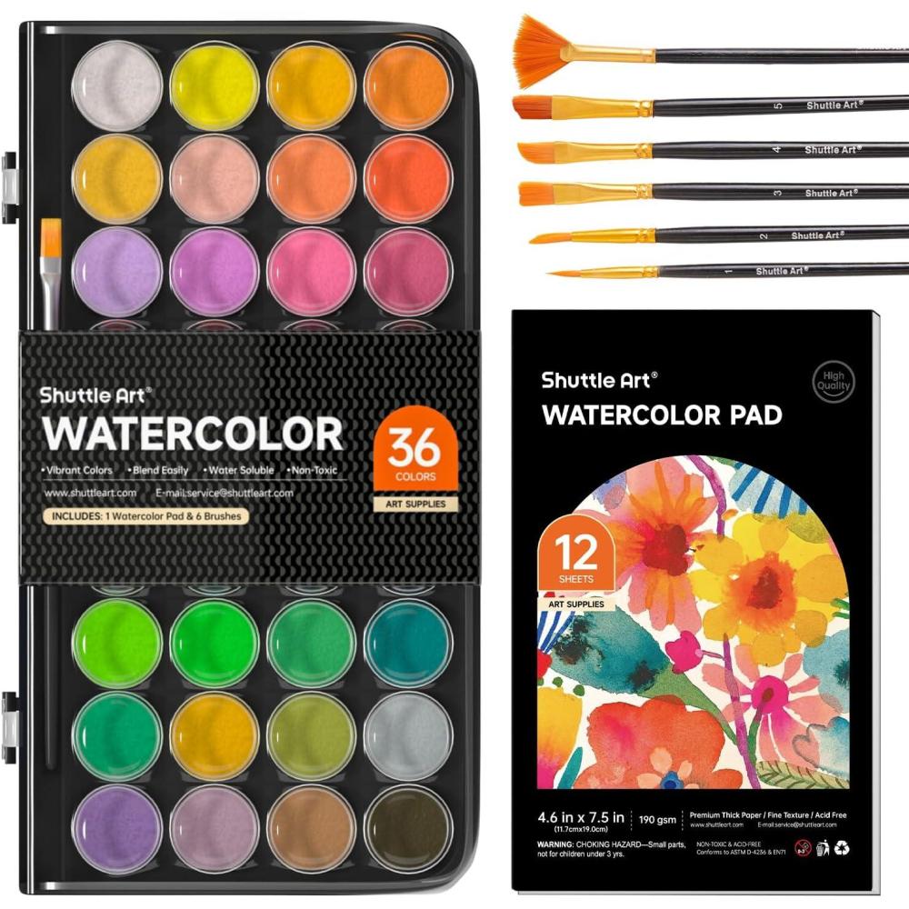 imageShuttle Art 43 Pack Watercolor Paint Set 36 Colors Watercolor Paint Pan Set with 6 Brushes and 1 Watercolor Pad for Beginners Artists Kids ampamp Adults Watercolor Painting Bullet Journal Calligraphy