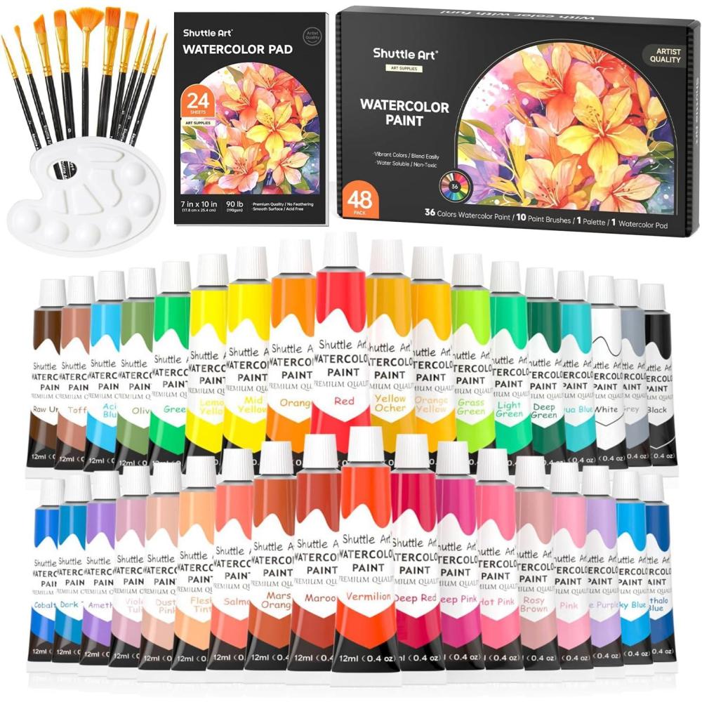 imageShuttle Art 48 Pack Watercolor Paint Set 36 Colors Watercolor Paint in Tubes 12ml Each with 10 Brushes 1 Watercolor Pad 1 Palette Premium Watercolor Kit for Artist Beginners Kids