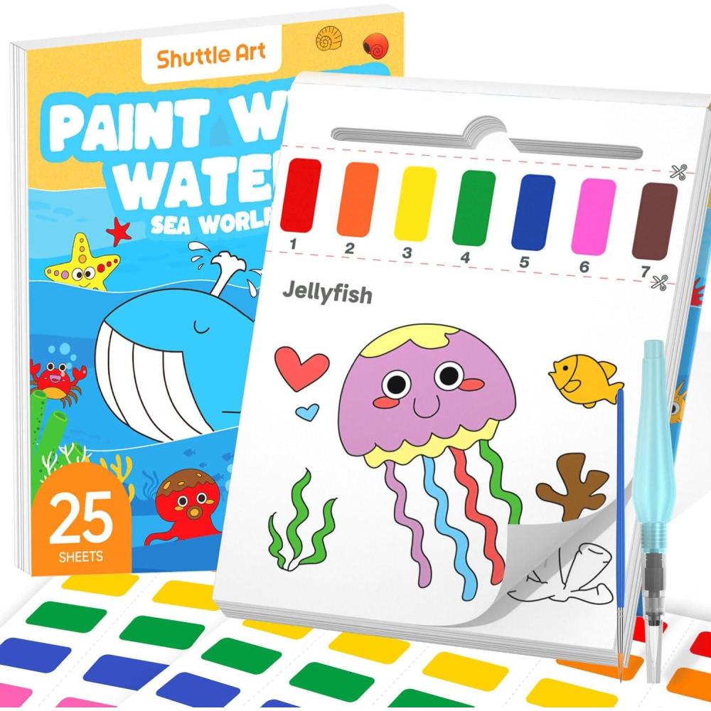 imageShuttle Art Paint with Water Coloring Book for Kids 25 Animals Themed Pages with 2 Brushes MessFree Watercolor Paint Set TravelFriendly Art Craft Gift for Toddlers Birthday Christmas GiftSea World
