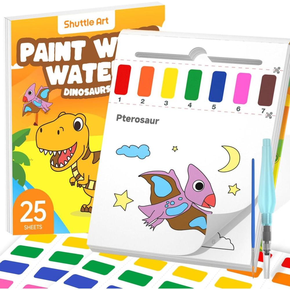 imageShuttle Art Paint with Water Coloring Book for Kids 25 Animals Themed Pages with 2 Brushes MessFree Watercolor Paint Set TravelFriendly Art Craft Gift for Toddlers Birthday Christmas GiftDinosaur