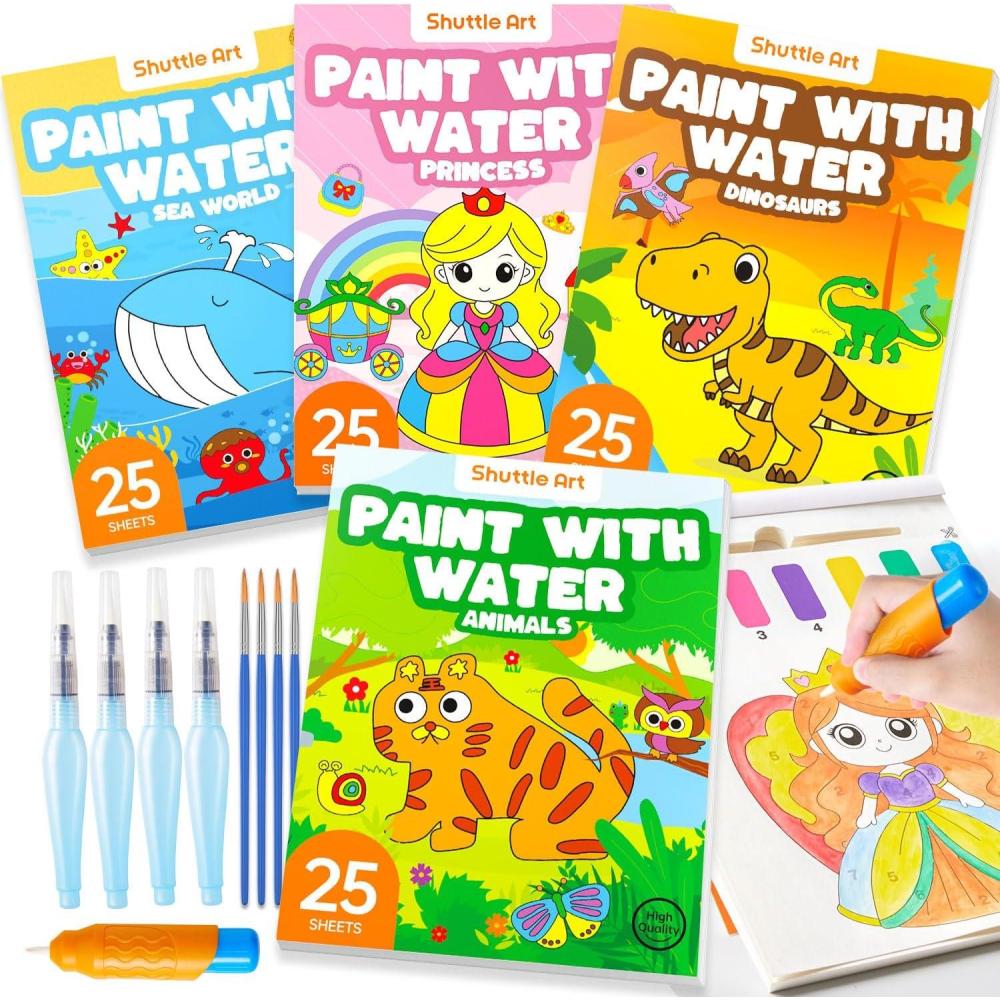 imageShuttle Art Paint with Water Coloring Book for Kids Pack of 4 100 Sheets Watercolor Paint Set for Kids Ages 35 48 Mess Free Travel Art Supplies Birthday Christmas Craft Gift