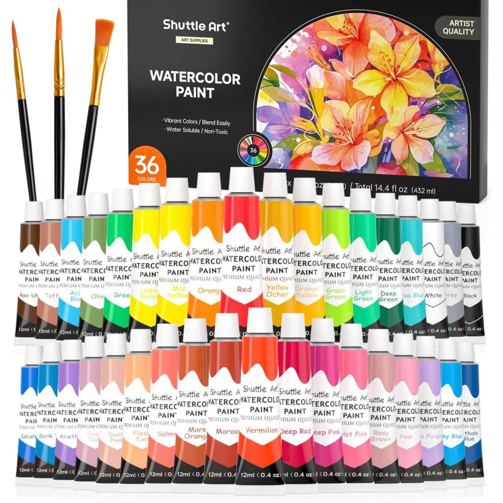 imageShuttle Art Watercolor Paint Set 36 Colors Watercolor Paint in Tubes 12ml Each with 3 Brushes Rich Pigment Easy to Blend Perfect for Kids Artists Beginners Students36 Colors