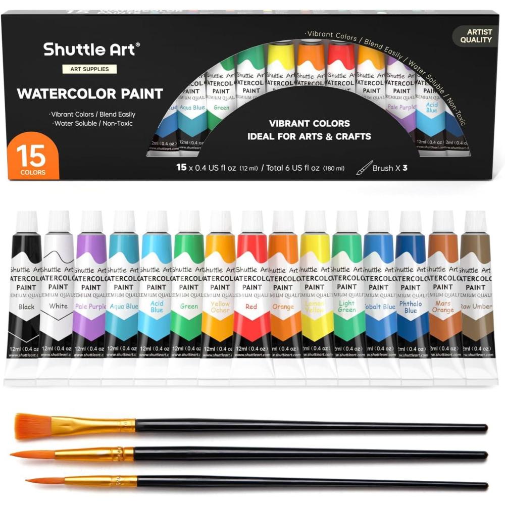 imageShuttle Art Watercolor Paint Set 36 Colors Watercolor Paint in Tubes 12ml Each with 3 Brushes Rich Pigment Easy to Blend Perfect for Kids Artists Beginners Students15 Colors