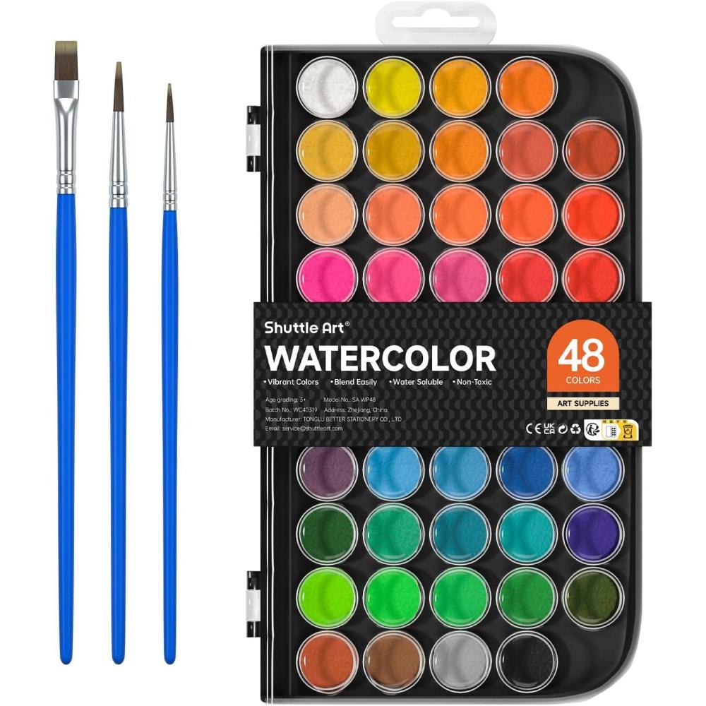 imageShuttle Art Watercolor Paint Set 48 Colors Watercolor Paint Pan Set with 3 Paint Brushes for Beginners Artists Kids ampamp Adults for Painting Journaling Calligraphy Practice