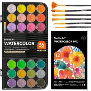 Shuttle Art 43 Pack Watercolor Paint Set, 36 Colors Watercolor Paint Pan Set with 6 Brushes and 1 Watercolor Pad for Beginners, Artists, Kids & Adults Watercolor Painting, Bullet Journal, Calligraphy