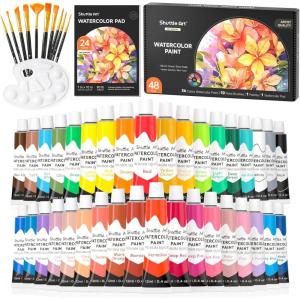 Shuttle Art 48 Pack Watercolor Paint Set, 36 Colors Watercolor Paint in Tubes (12ml Each) with 10 Brushes, 1 Watercolor Pad, 1 Palette, Premium Watercolor Kit for Artist, Beginners, Kids