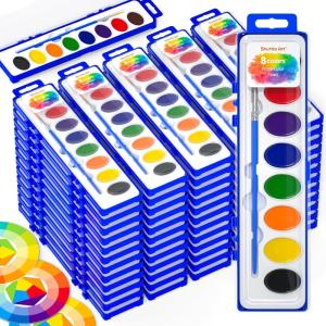 Shuttle Art 8 Colors Watercolor Paint Set, 24 Pack with Paint Brushes & Color Wheels, Washable for Kids & Adults, Suitable for Classroom, Parties, Kindergarten & Art Activities(8 Colors 60 Pack)