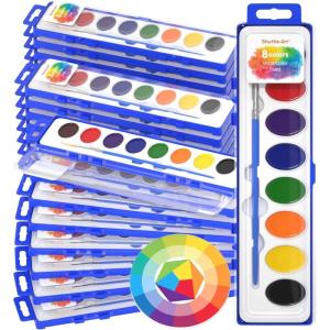 Shuttle Art 8 Colors Watercolor Paint Set, 24 Pack with Paint Brushes & Color Wheels, Washable for Kids & Adults, Suitable for Classroom, Parties, Kindergarten & Art Activities(8 Colors 24 Pack)