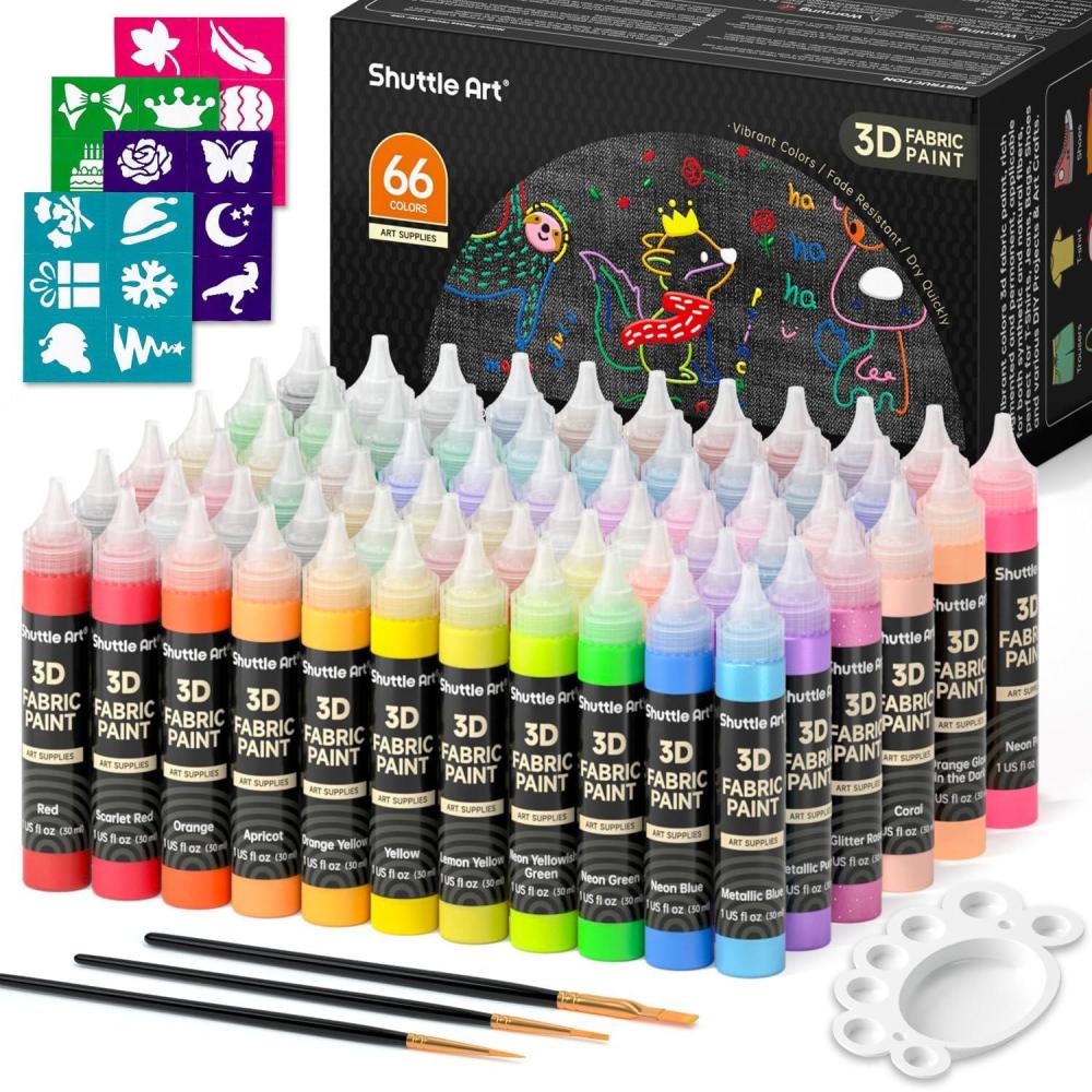 image66 Colors Fabric Paint Shuttle Art 3D Fabric Paint with Stencil and Brushes Permanent Textile Paint Includes Neon Metallic Glitter and Glow in the Dark Paint Ideal for Clothing and DIY Decoration