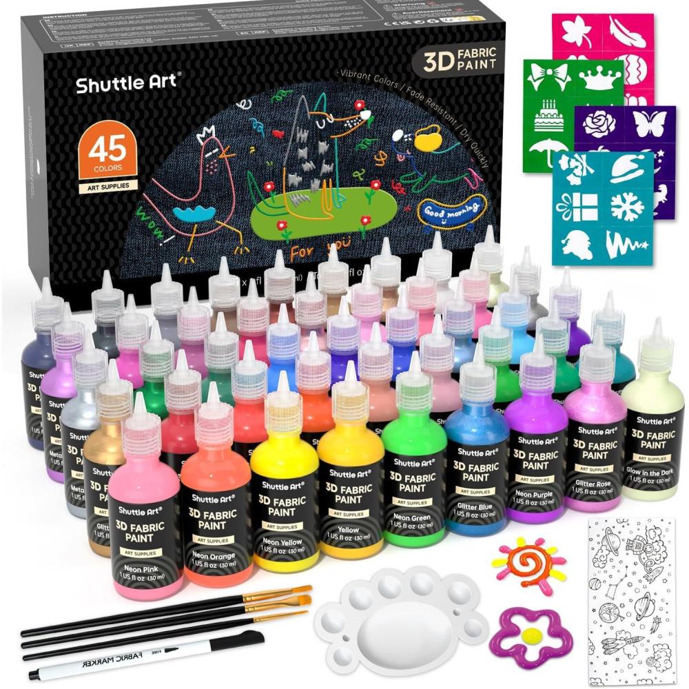 imageShuttle Art Fabric Paint Set 45 Colors 3D Permanent Paint with Brushes Palette Pen Fabric Sheet Stencils Glow in The Dark GlitterMetallic Colors for Textile Fabric Tshirt Jeans Glass