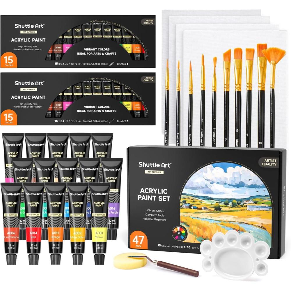 image47 Pack Acrylic Paint Set Shuttle Art 15 Colours 12ml Each 2Pack Acrylic Paint with 10 Brushes Painting Canvas Knife Palette Sponge Complete Gift Set for Kids Adults Painting Canvas Ceramic15 Colors x 2