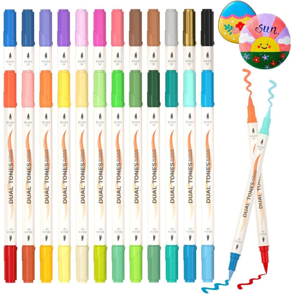 imageShuttle Art 24 pack Dual Tone Acrylic Paint Markers 48 Colors Acrylic Paint Pens for Rock Painting Ceramic Wood Canvas Glass Stone Fabric Card Making DIY ampamp Art Supplies