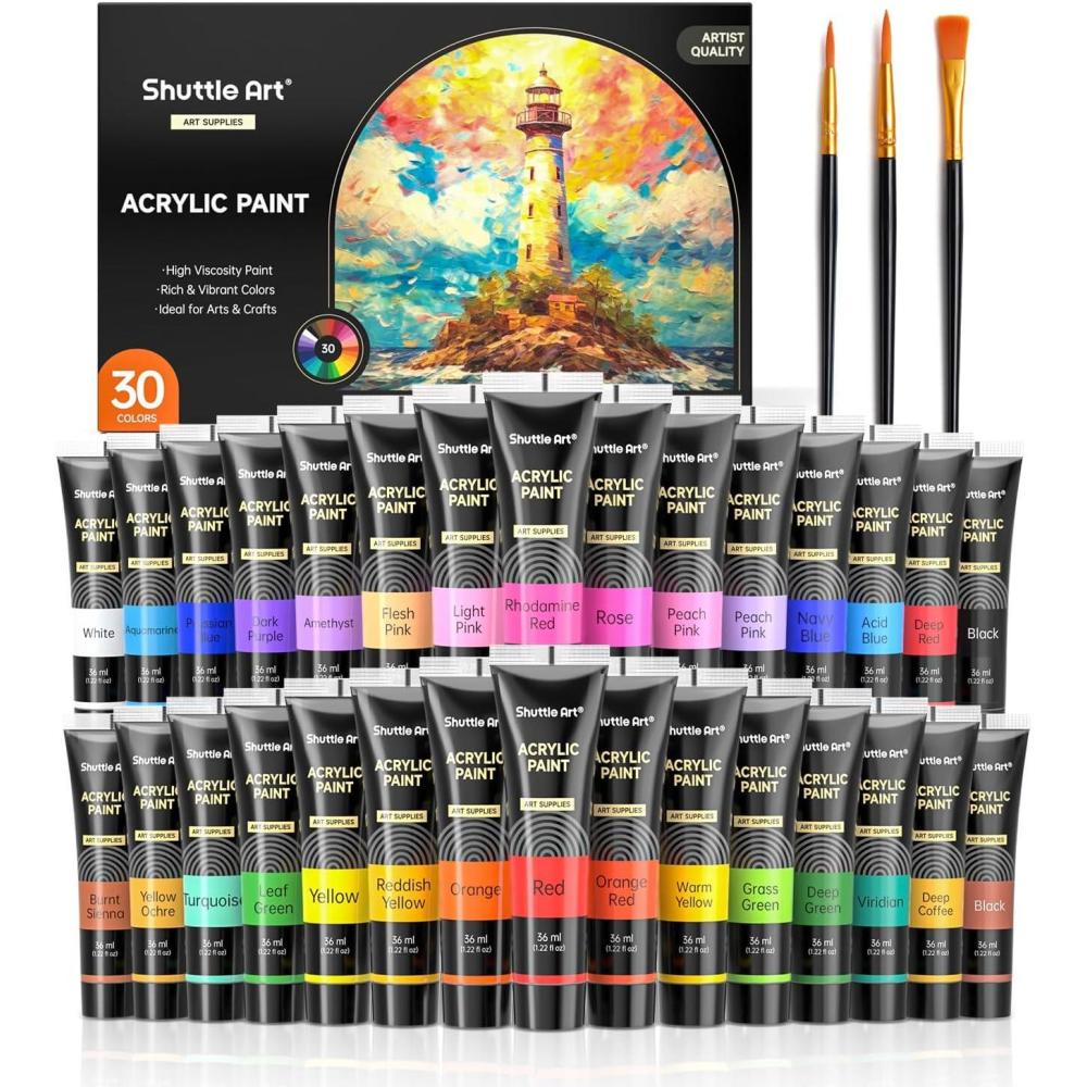 imageShuttle Art 30 Colors Acrylic Paint Set 36ml Tubes with 3 Brushes Artist Grade Acrylic Paint for Kids Adults Beginners Painting on Crafts Canvas Wood Rocks