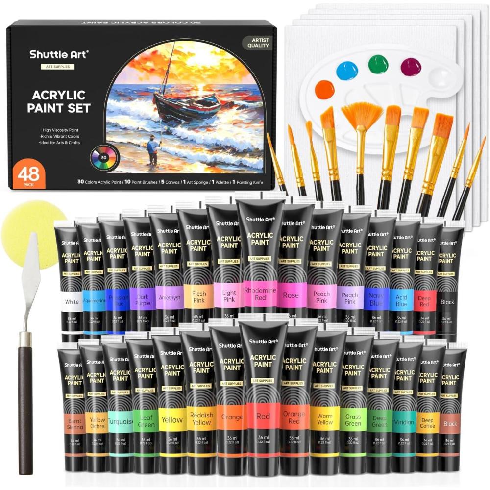 imageShuttle Art 48 Pack Acrylic Paint Set 30 Colors Acrylic Paint 36ml with 10 Brushes 5 Canvas 1 Paint Knife 1 Palette 1 Art Sponge Complete Set for Kids Adults Painting on Canvas Rocks Wood Ceramic