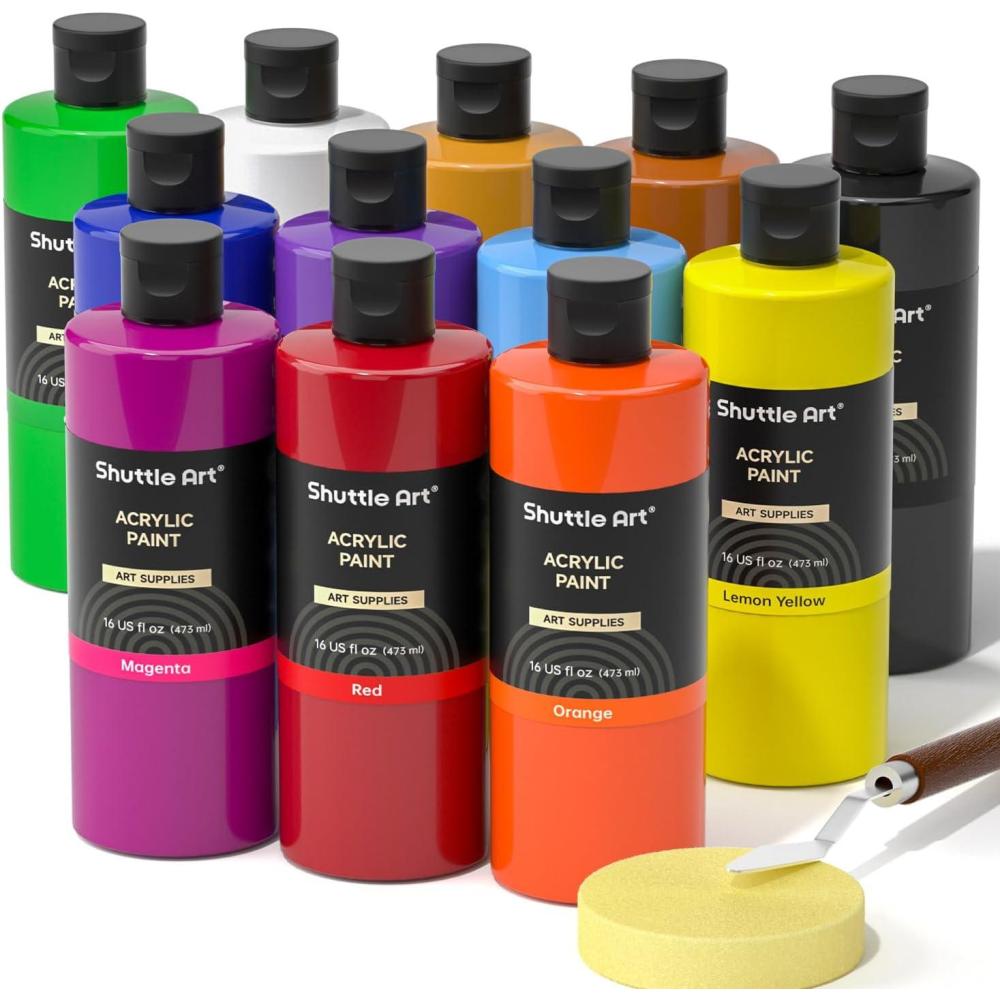 imageShuttle Art Acrylic Paint 12 Colors Acrylic Paint Large Bottle Set 473ml16oz Each Rich Pigments High Viscosity Bulk for Artists Beginners and Kids on Rocks Crafts Canvas Wood12 Colors