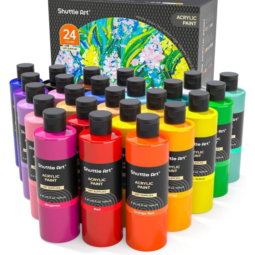imageShuttle Art Acrylic Paint 24 Colors Acrylic Paint Bottle Set 250ml845oz Each Rich Pigments High Viscosity Bulk for Artists Beginners and Kids Painting on Rocks Crafts Canvas Wood