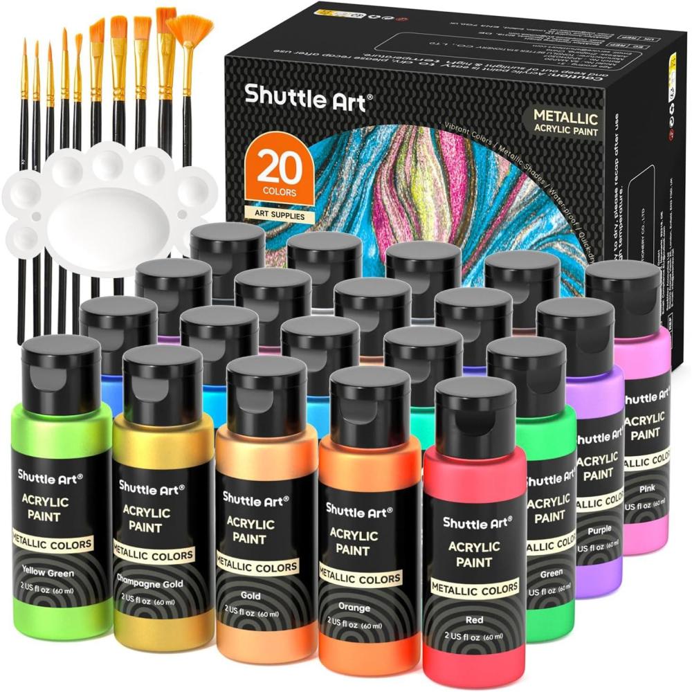imageShuttle Art Acrylic Paint 50 Colors Acrylic Paint Set 2oz60ml Bottles Rich Pigments Water Proof Premium for Artists Beginners and Kids on Canvas Rocks Wood Ceramic FabricMetallic