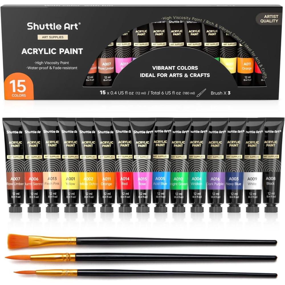 imageShuttle Art Acrylic Paint Set 15 x 12ml Tubes Artist Quality Non Toxic Rich Pigments Colors Perfect for Kids Adults Beginners Artists Painting on Canvas Wood Clay Fabric Ceramic Crafts