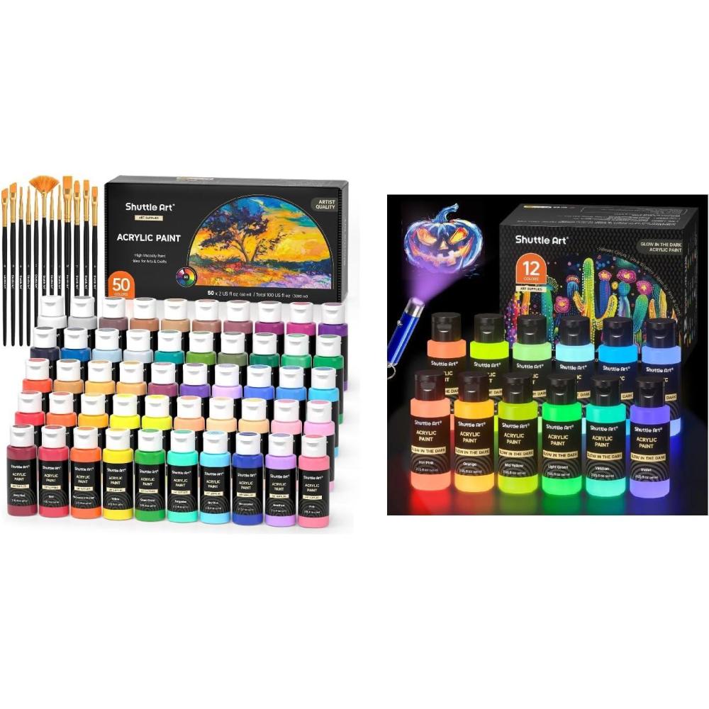 imageShuttle Art Acrylic Paint Set Bundle 50 Rrgular Colors and 12 Glow in the Dark Paint for Artists