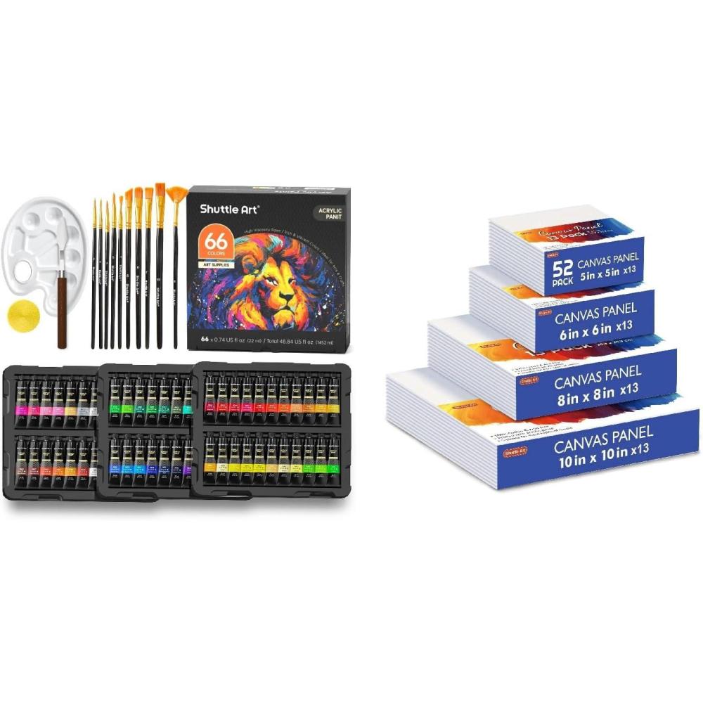 imageShuttle Art Acrylic Painting Bundle Set for 66 Colors Acrylic Paint in Tubes 22ml074oz  52 Multi Pack Painting Canvas Panels