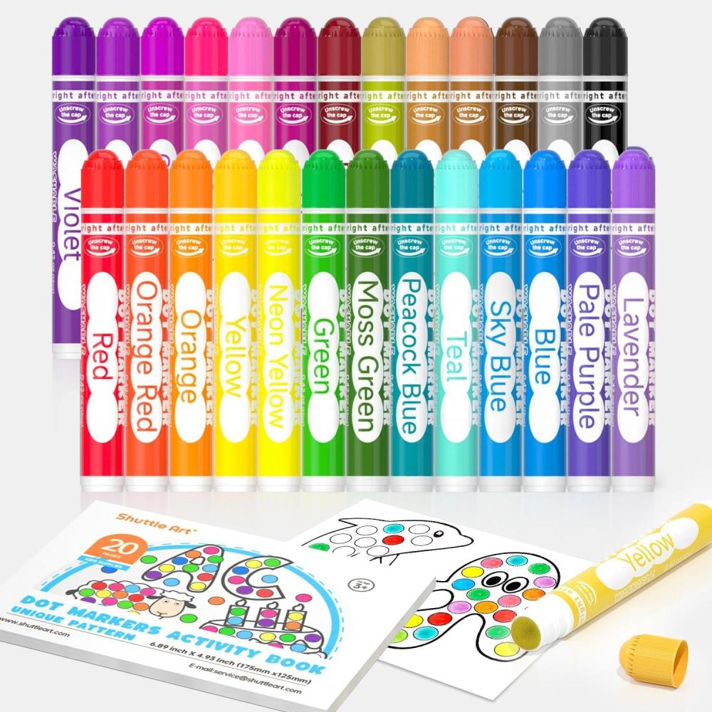 imageShuttle Art Washable Dot Markers 26 Colors with Free Activity Book Fun Art Supplies for Kids Toddlers and Preschoolers Non Toxic WaterBased Paint Daubers Dot Art Markers26 Colors
