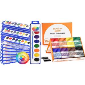 Shuttle Art 8 Colors Watercolor Paint Set Bundle – 24 Pack 8 Colors Watercolor Paint Set Bulk + 216 Pack Washable Markers
