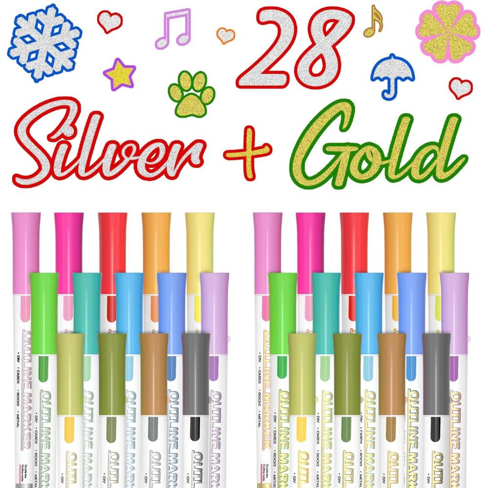imageShuttle Art 28 Pack Double Line Outline Permanent Markers 14 Silver and 14 Gold Colors Squiggles Shimmer Markers Set Self Outline Metallic Marker Pens for Drawing Christmas Card DIY Crafts14 Colors Silver  14 Colors Gold