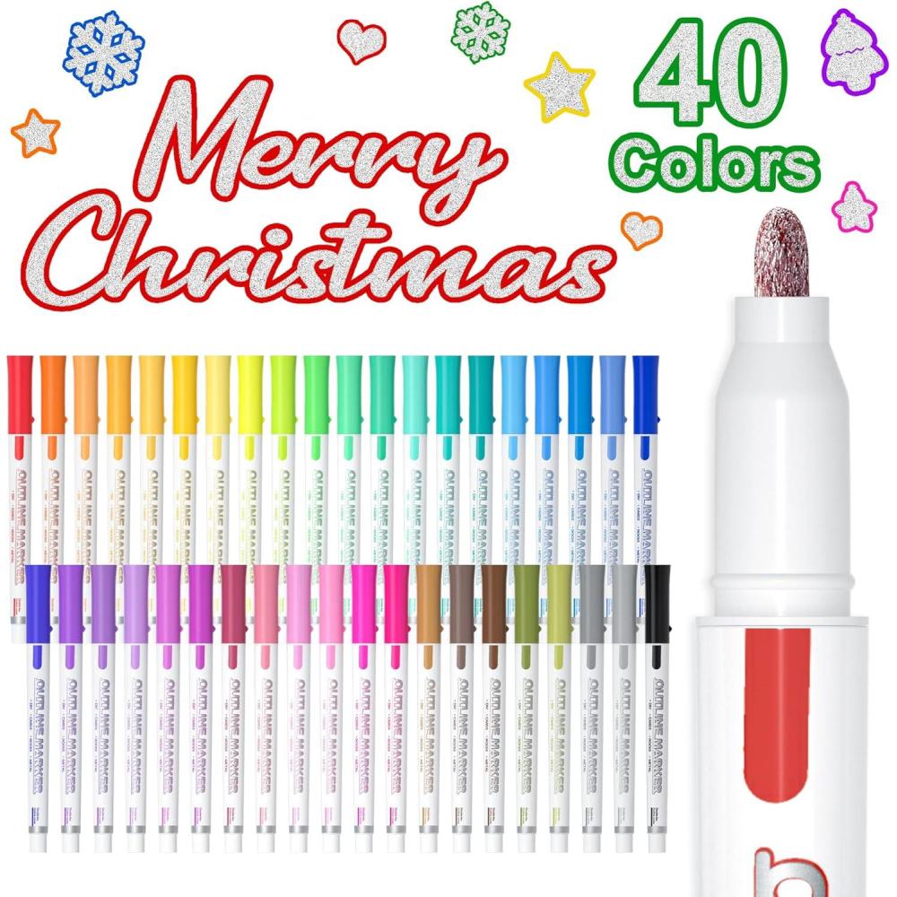imageShuttle Art Double Line Outline Permanent Markers 40 Colors Squiggles Shimmer Markers Set Self Outline Metallic Marker Pens for Art Drawing Doodling Card Making Christmas Card DIY Crafts40 Silver Colors