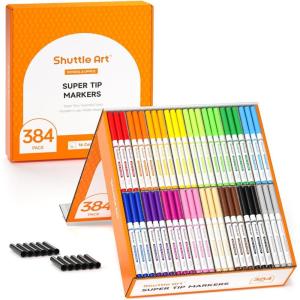 Shuttle Art 216 Pack Washable Markers, 8 Assorted Colors Broad Line Conical Tip Large Markers Bulk with a Box, Bonus Caps, Home Classroom School Supplies for Toddlers Kids Adults Students Teachers…(24 Each of 16 Colors(Super Tip))